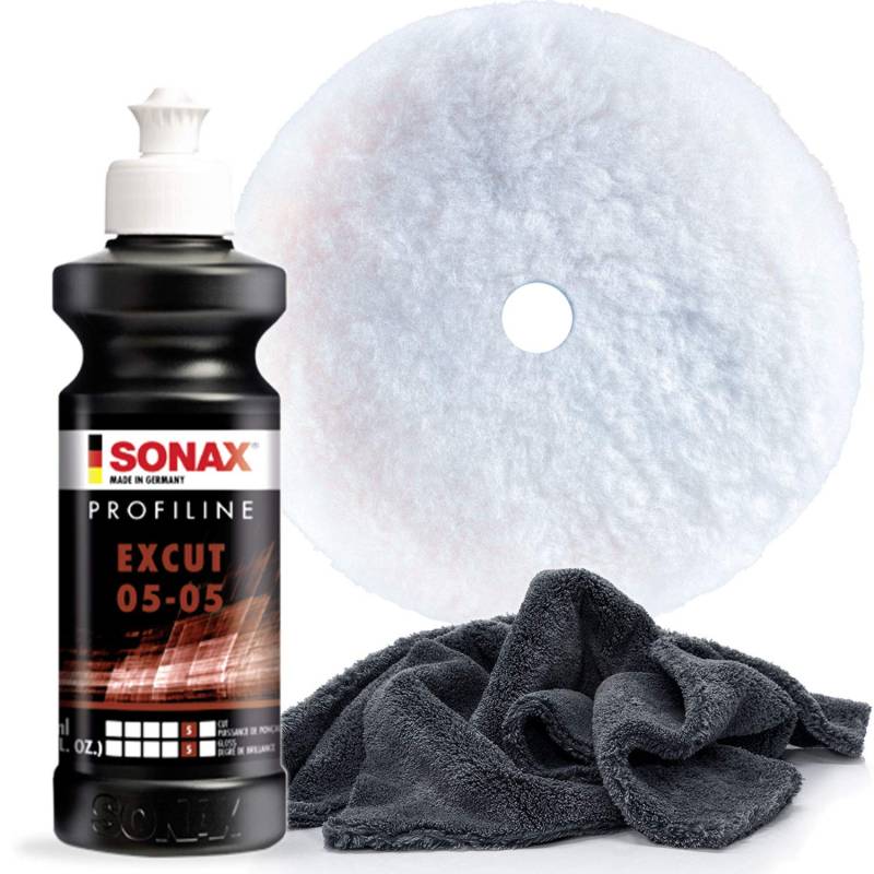detailmate Sonax Polituren Set (Basic 2-250ml) - SONAX PROFILINE EX Cut 05/05 250ml + SONAX Hybrid Woll Pad 143 Da + Edgeless Superflausch 40x40cm 550GSM von detailmate