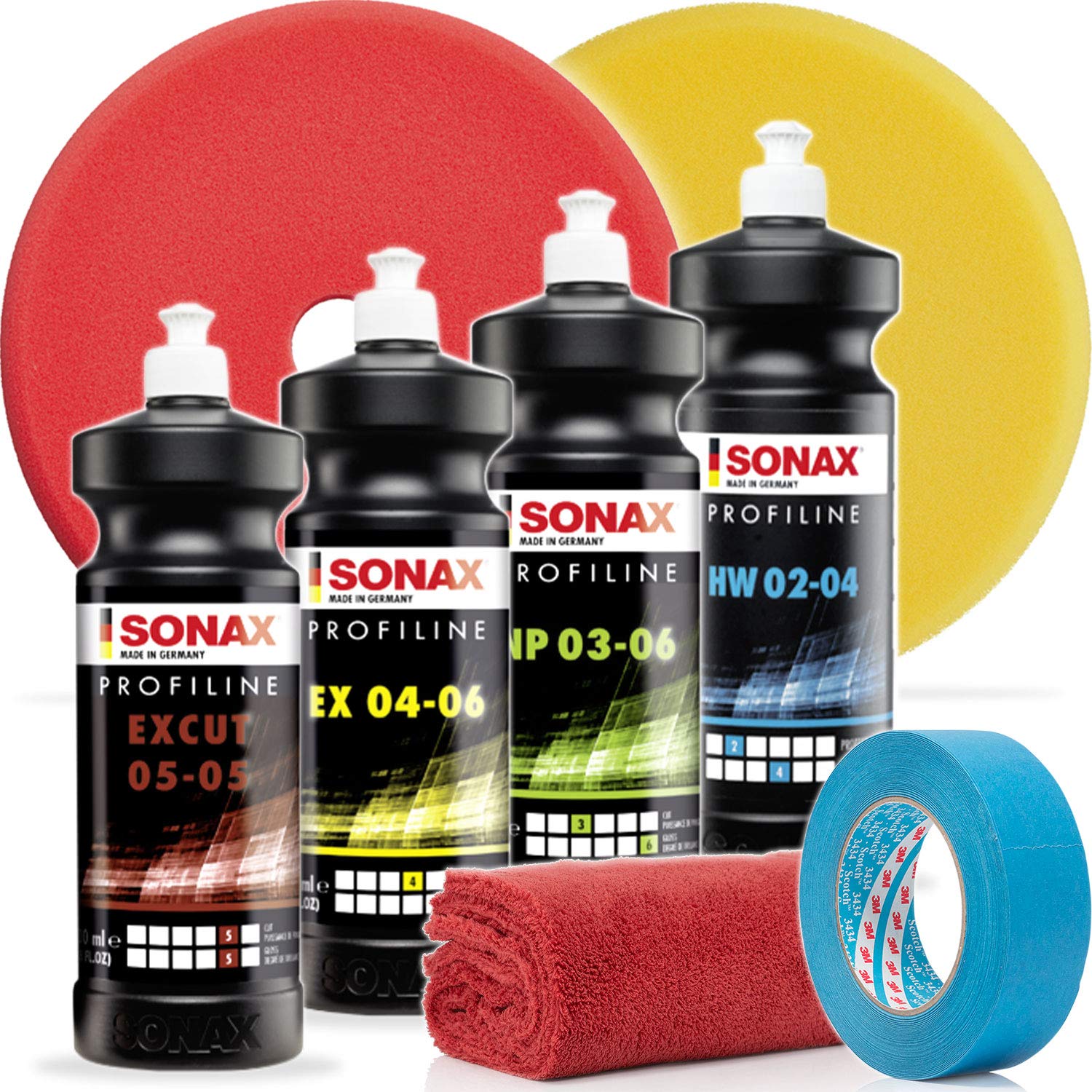 detailmate Sonax Polituren Set - SONAX PROFILINE: EX Cut 05/05 1L + EX 04/06 1L + NP 03/06 1L + HartWax 1L + SONAX Exzenter Pad medium + SONAX Exzenter Pad hart + 3M Abdeckband 18mm + Poliertuch von detailmate