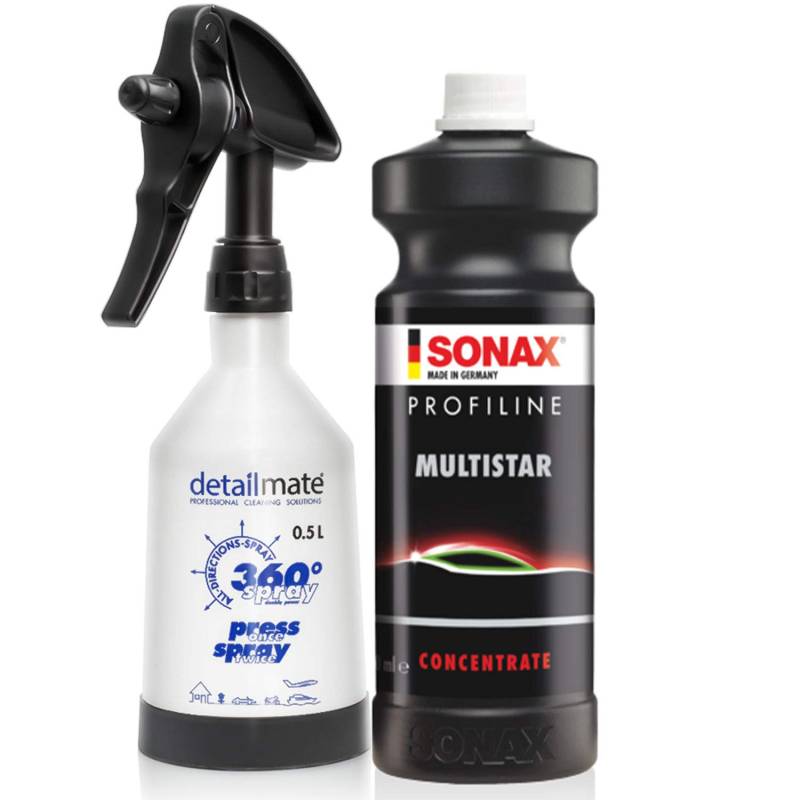 Detailmate Universalreiniger Basic 1 Set: SONAX ProfiLine MultiStar 1L + detailmate made by Kwazar Mercury Super PRO+ 0,5L Sprühflasche von detailmate