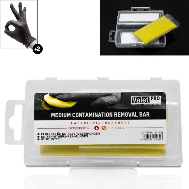 detailmate ValetPRO Reinigungsknete gelb (medium) - Yellow Contamination Removal Bar 100g + 2 Nitril Schutzhandschuhe von detailmate