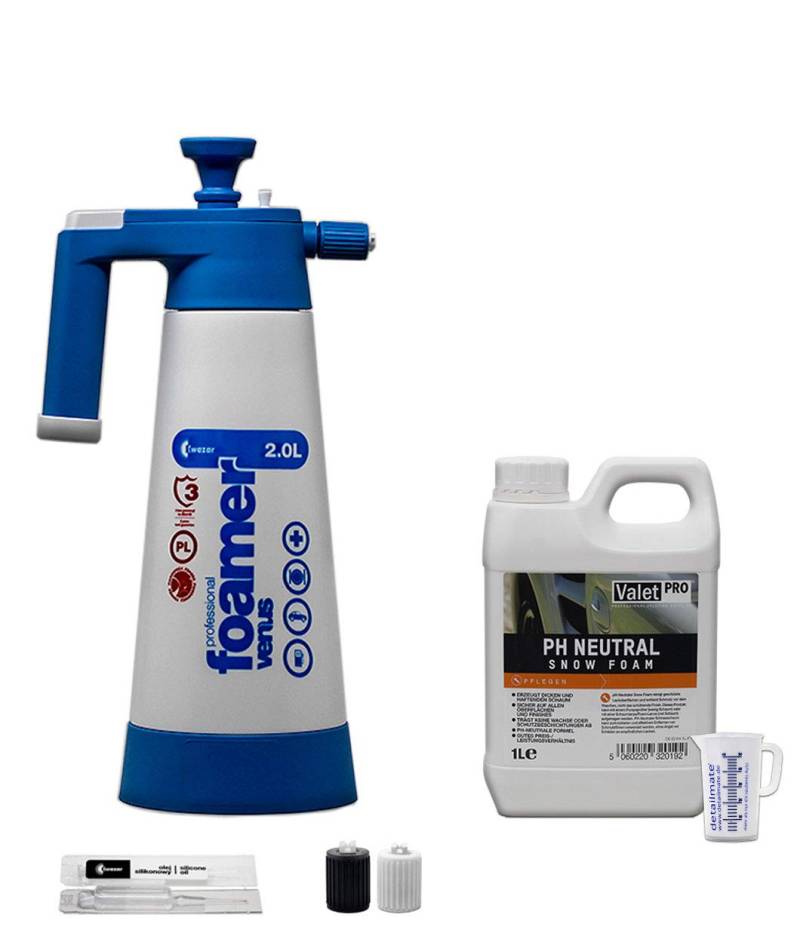 detailmate Vorwäsche Set aus Kwazar Venus Super Foamer Cleaning Pro+ Viton 2 l Messbecher + ValetPRO ph Neutral Snow Foam 1 Liter von detailmate