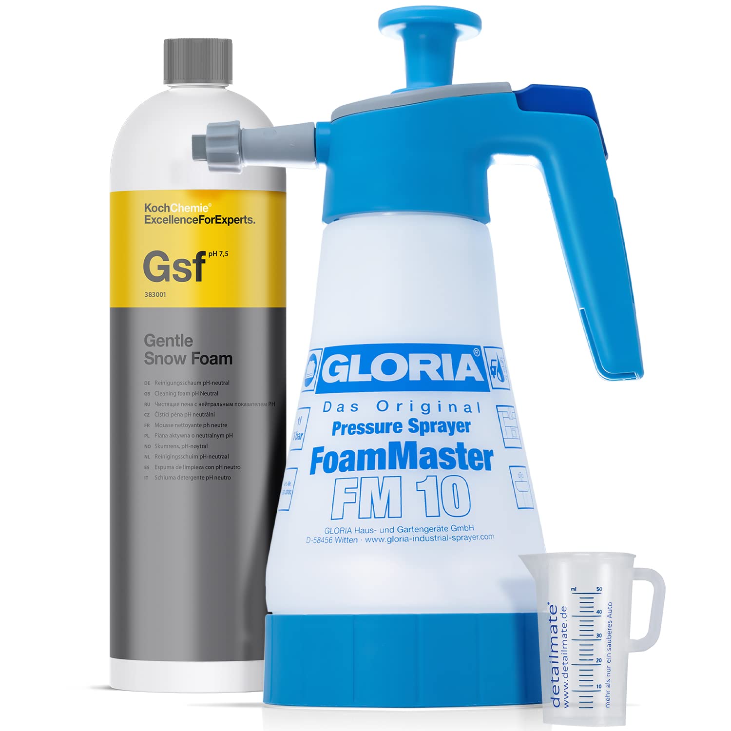 detailmate Vorwäsche Set: Gloria FM10 Schaumsprüher Foam Master 1L + Koch Chemie Gentle Snow Foam 1L + 50 ml Messbecher von detailmate