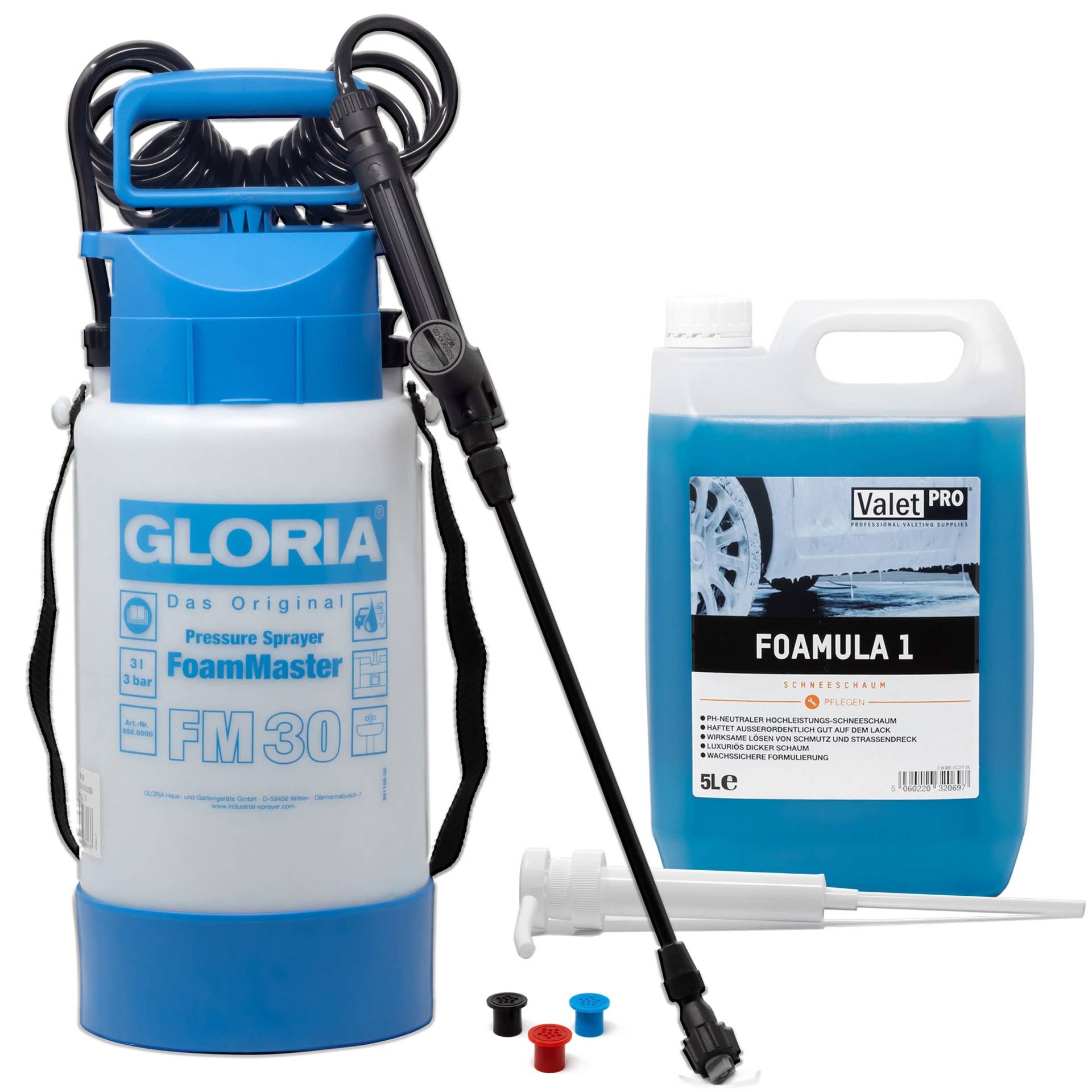 detailmate Vorwäsche Set: ValetPRO Foamula 1 (5L) - Snow Foam + Gloria Foammaster FM 30-3L + Dispenser Pumpe von detailmate