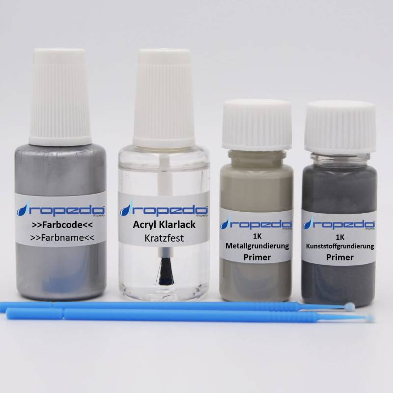 dropedo Lackstift Set für RAL 5002-GL ULTRAMARINBLAU 20ml + Klarlack 20ml + Metallgrundierung 10ml + Kunststoffgrundierung 10ml von dropedo