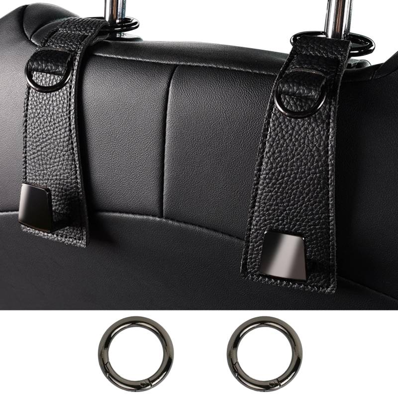 duoyif Auto-Haken, Drehbare Leder Auto Haken, 2Stk Metall Leder Auto Lagerung Haken Mit Extended Runde Karabiner, Universal Auto Rücksitz Kopfstützen Haken Zum Aufhängen Taschen Handtaschen (Schwarz) von duoyif