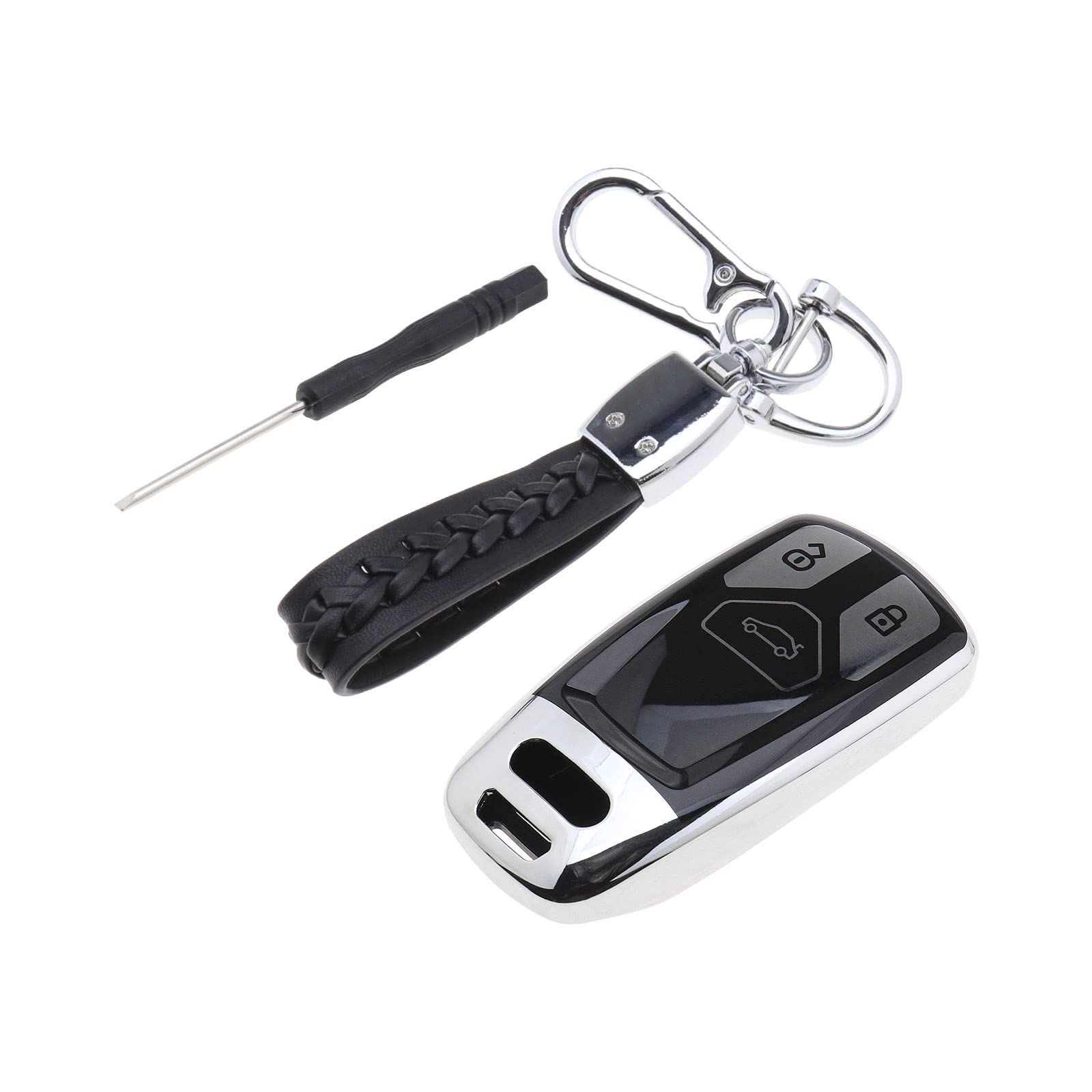 eMagTech Autoschlüsselhülle TPU 3-Tasten-Autoschlüsselhülle Hülle Fall mit Schlüsselanhänger Silber 360 Grad Vollschutz Schlüsselhülle Kompatibel mit A4 A5 Q7 Q5 TT TTS S4 S5 RS4 RS5 von eMagTech