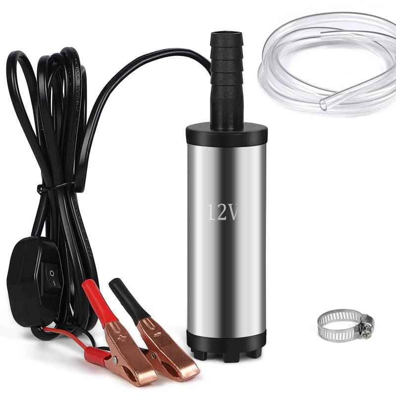 EFUTURETIME 12V DC Pumpe Wasser Ölpumpe 38mm, Mini Tauchpumpe mit 3m Schlauch Ø16mm und Schlauchklemmen, Edelstahl Wasserpumpe Tragbar für Auto, Boot von efuturetime
