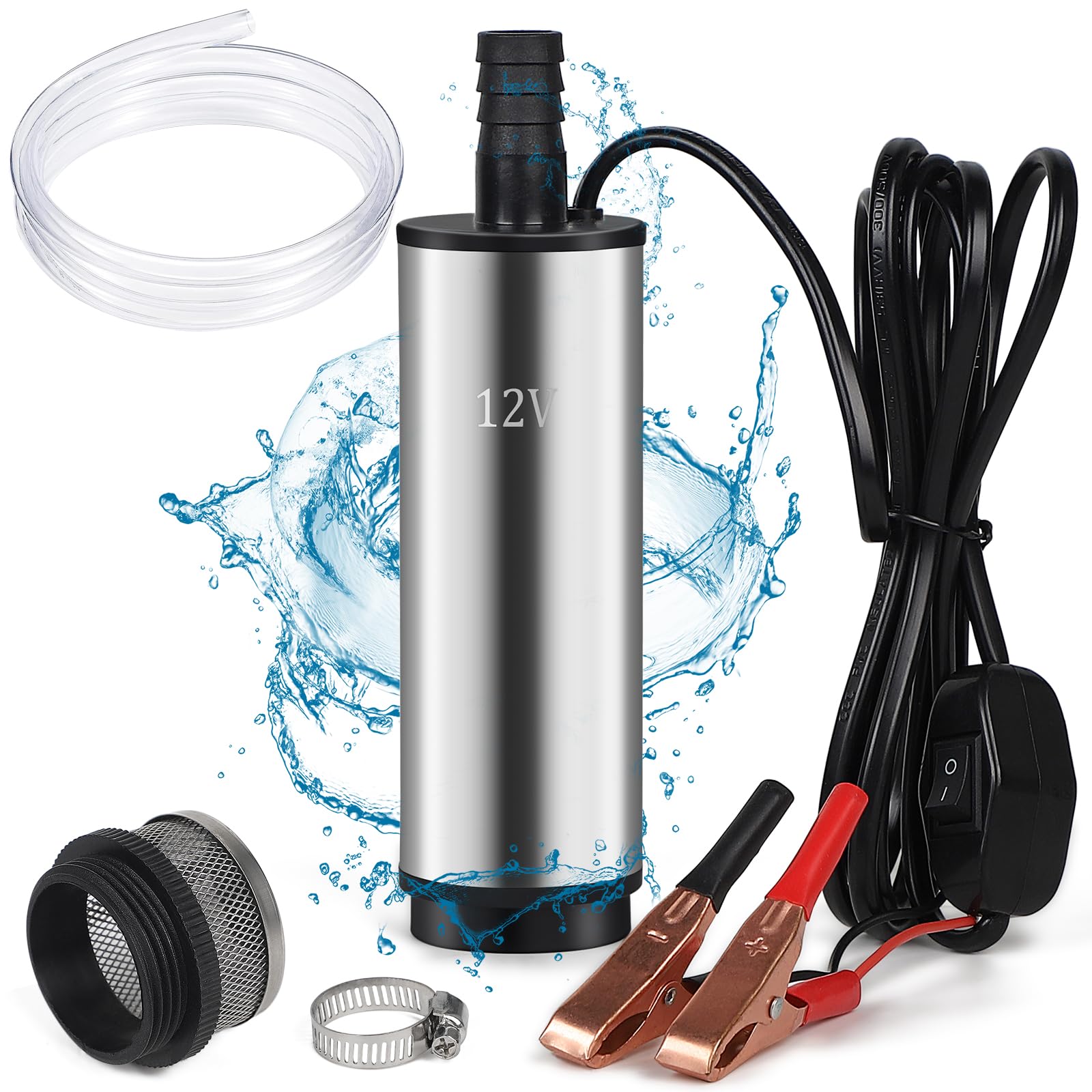 EFUTURETIME Wasserpumpe 12V DC Ölpumpe 51mm, Mini Tauchpumpe mit 3m Schlauch Ø19mm und Schlauchklemmen, Edelstahl Diesel Pumpe Tragbar mit Ausnehmbarem Filter für Auto, Boot von efuturetime
