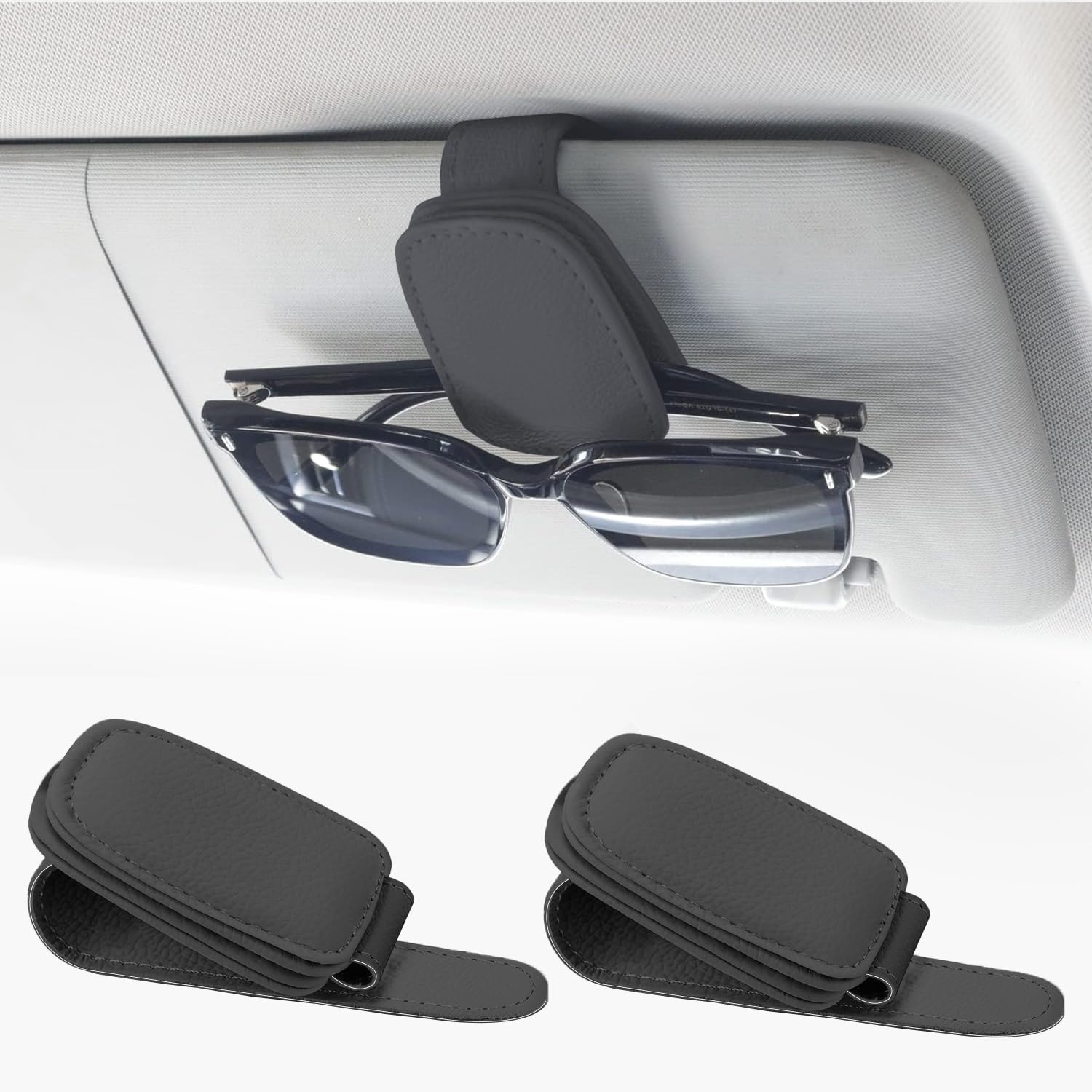 elook 2 Stück Brillenhalter für Auto Sonnenblende, Magnetischer Leder Sonnenbrillenhalter Auto, Universal Auto Visier Brillenhalter, Ticket Karten Clip Brillen Halterung (Schwarz) von elook