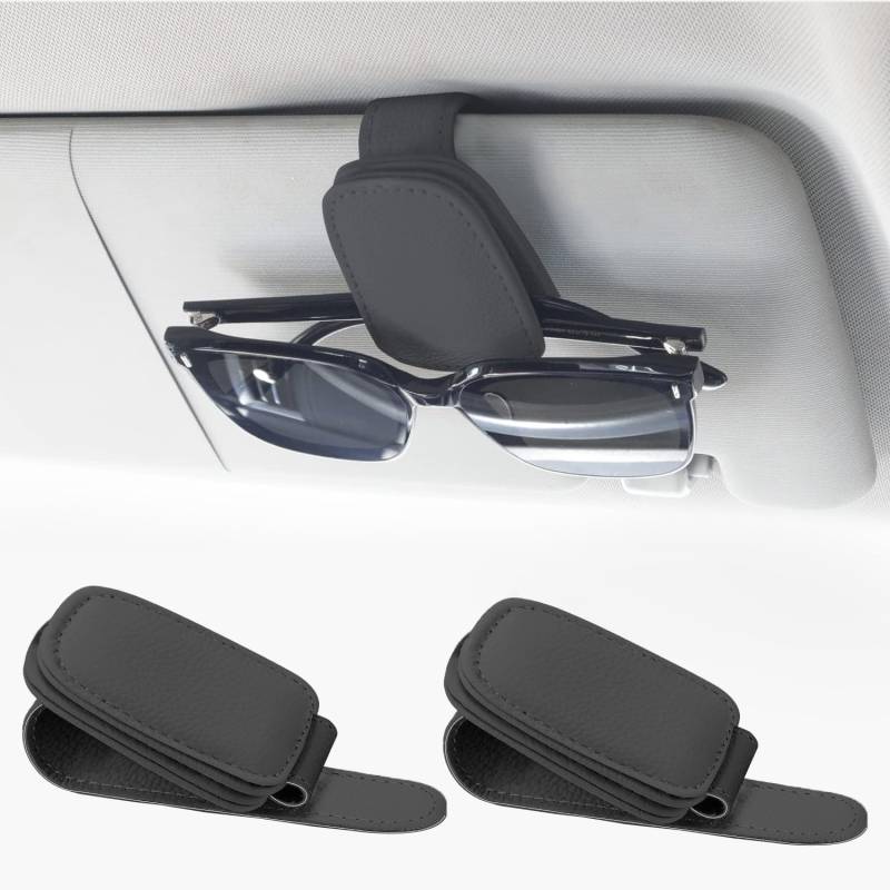 elook 2 Stück Brillenhalter für Auto Sonnenblende, Magnetischer Leder Sonnenbrillenhalter Auto, Universal Auto Visier Brillenhalter, Ticket Karten Clip Brillen Halterung (Schwarz) von elook