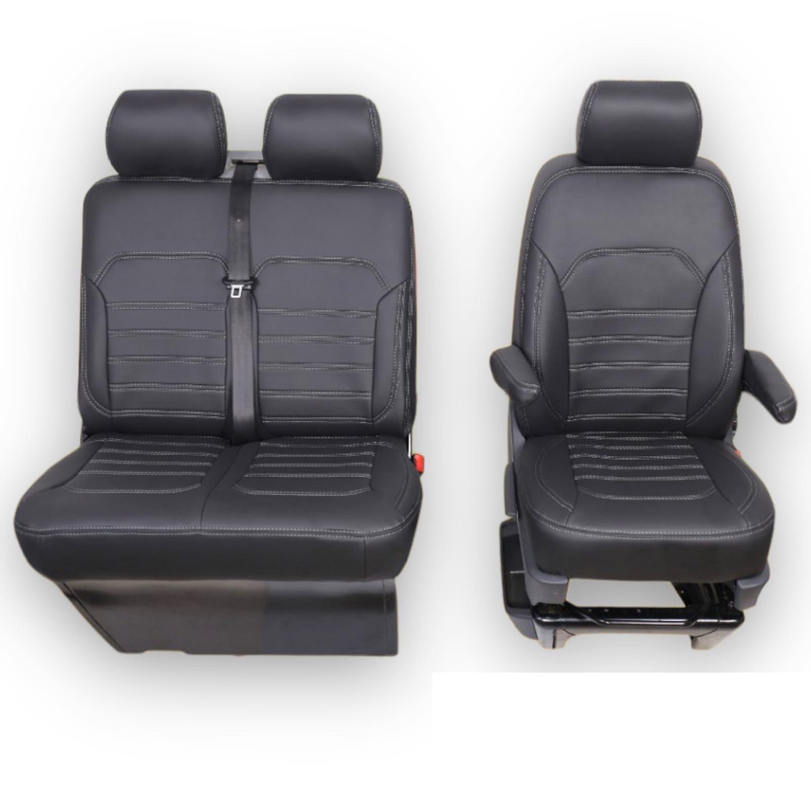 Maß Sitzbezüge 2+1 Schonbezüge Sitzbezug Kunstleder passend für Ford Transit Nissan NV400 Vauxhall Movano Renault Master Bj. 2006-2013 schwarz mit weißen Nähten E-Parts24 von eparts24