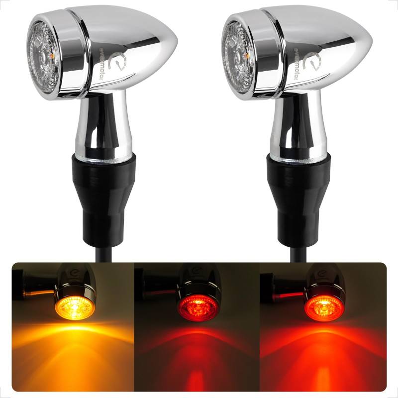 evermotor Chrom 3in1 Motorrad Blinker, 2 Stück, E Geprüft E32, CNC-Verfahre, 12V, für e Motorrad Scooter, Universal Mini LED Bullet Aluminiumschale, Amber&Rot von evermotor