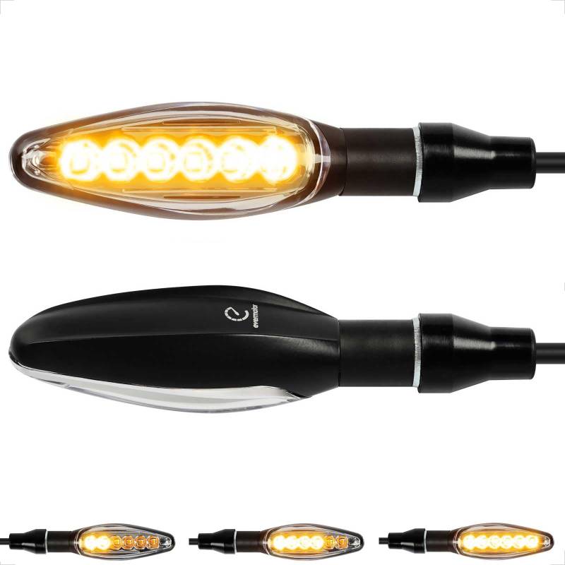 evermotor LED Motorrad Blinker, 2 Stück 12V Laufeffekt, E Geprüft, Aluminiumgehäuse für Motorräder Scooter, Wasserdicht IP67, Kabellänge 350 mm von evermotor