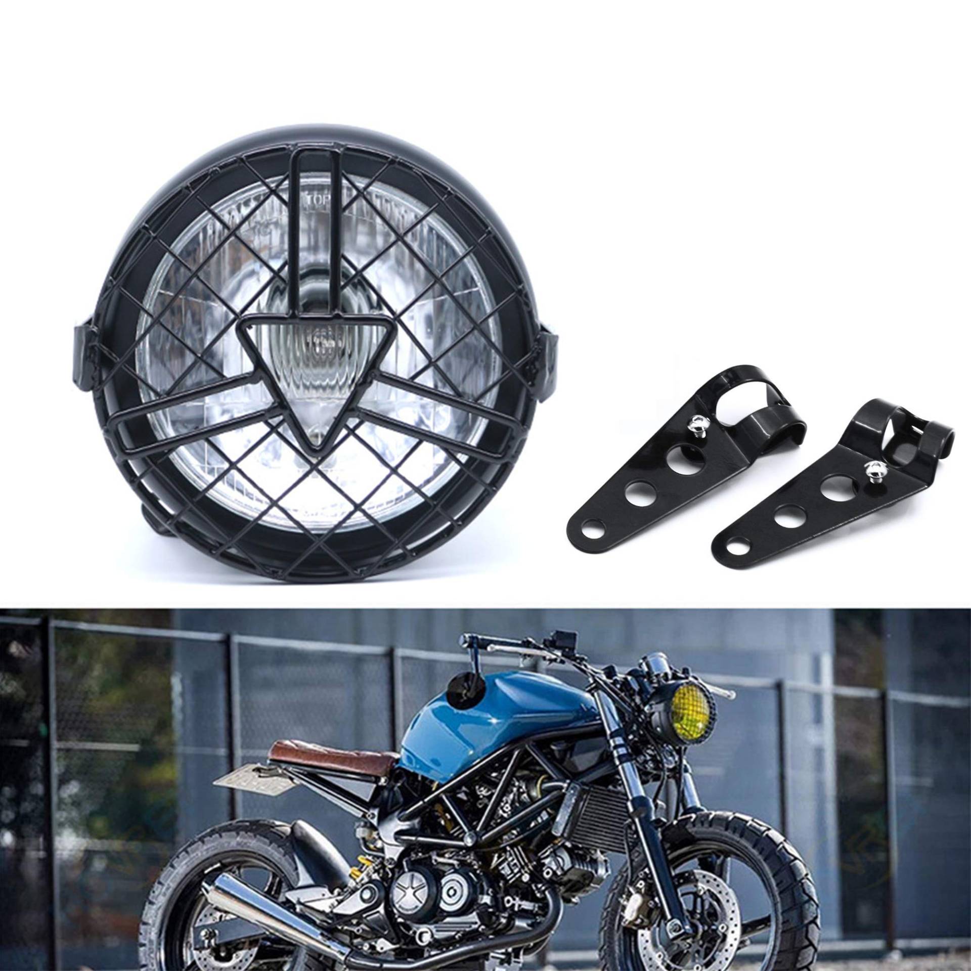 evomosa Universal Motorrad Frontscheinwerfer, 6'' Halogen Scheinwerfer mit Lampenschirmabdeckung Retro für Cafe Racer Bobber Chopper CG125 GN125 (Weiß) von evomosa