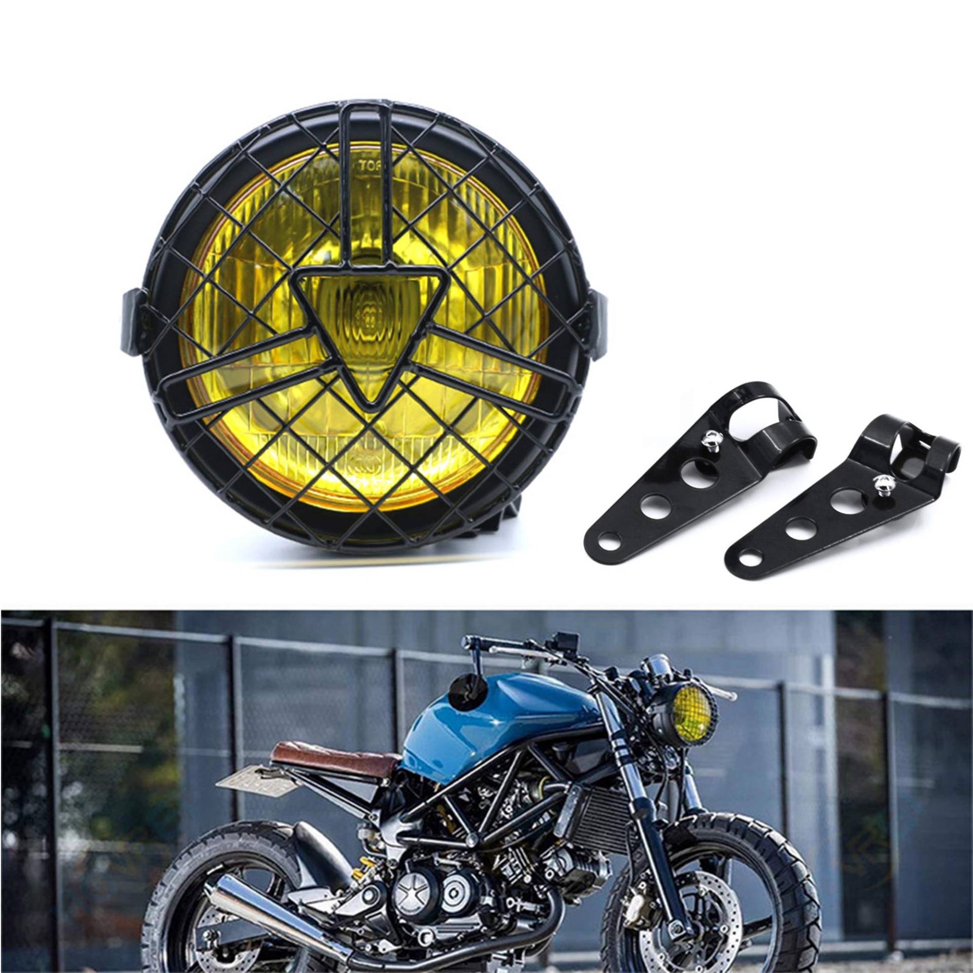 evomosa Universal Motorrad Frontscheinwerfer, 6'' Halogen Scheinwerfer mit Lampenschirmabdeckung Retro für Cafe Racer Bobber Chopper Kawasaki CG125 GN125 (Gelb) von evomosa