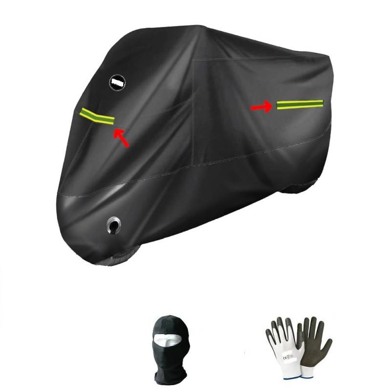 KOMPATIBEL MIT Suzuki V Strom 650 DL wasserdichte HAGELSCHUTZ-Motorrad-Abdeckung Fleece FÜR Scooter SCHWARZ MIT Fluo-Streifen+KETTENLOCH-HAUBENABDECKUNG 246X105X127CM von farbrothersonline