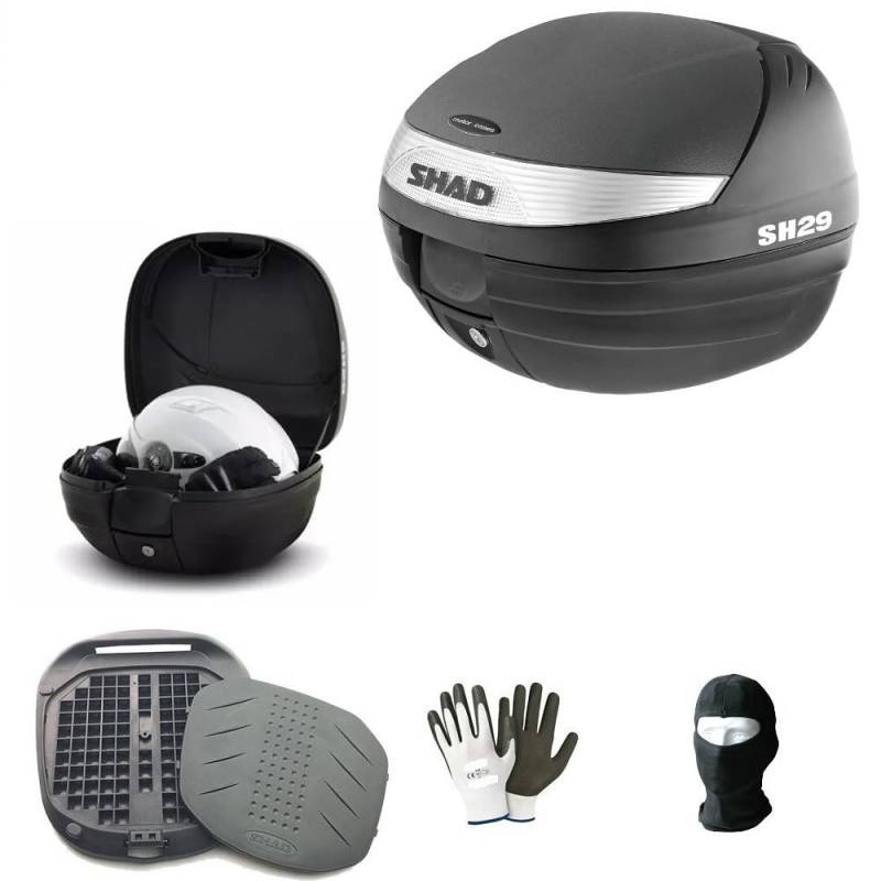 KOMPATIBEL MIT Vespa 125 ET4 Base SHAD 29 LT SCHWARZES KOFFERTOPCASE+Secure Lock System+Motorrad-Scooter-GEPÄCKTRÄGERPLATTE FÜR Full-FACE-Jet-MODULARER UNIVERSALHELM von farbrothersonline
