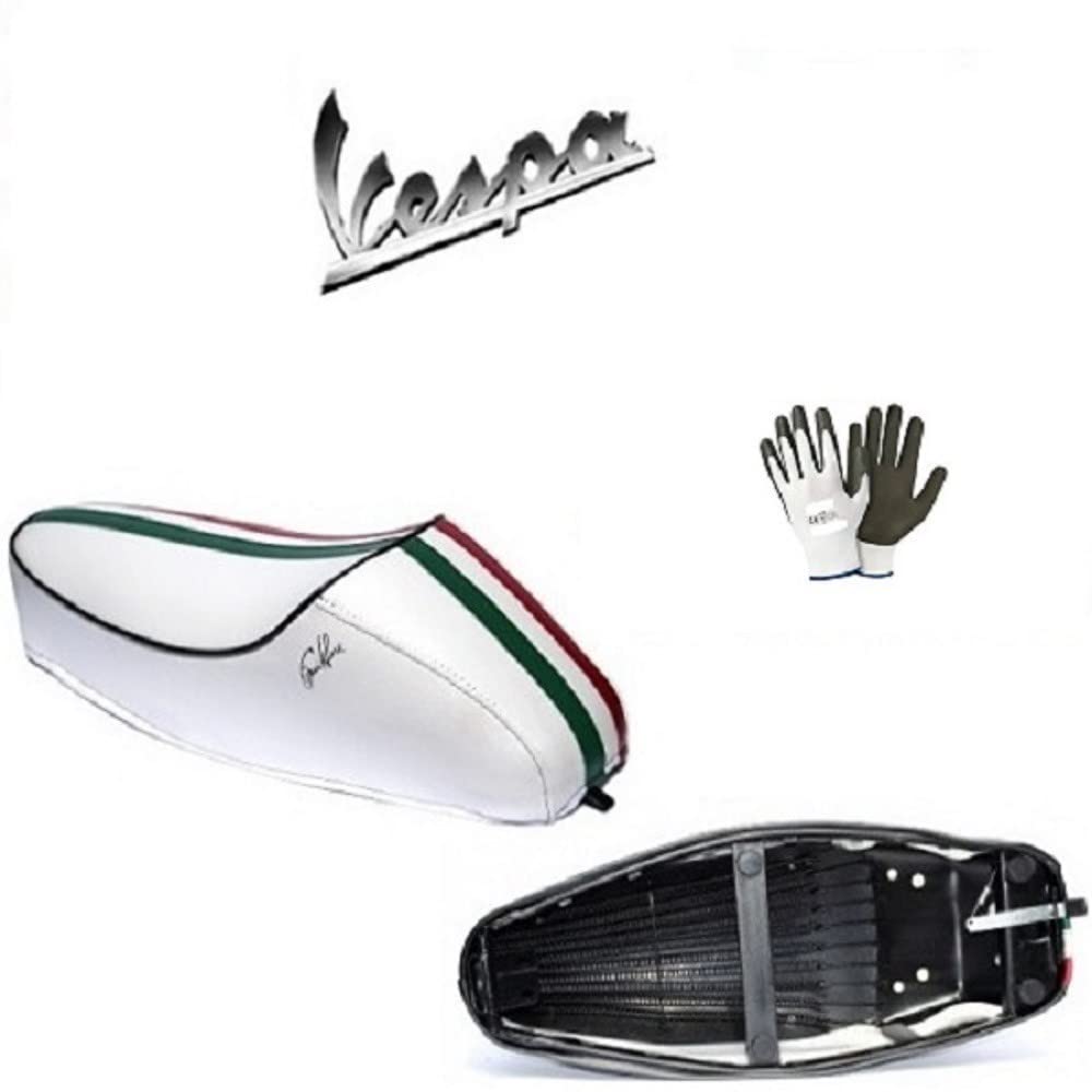Kompatibel mit Piaggio Vespa 50 R weißer Sattel Dieffe Sattel mit Bezug aus Kunstleder mit Stoff und dreifarbigem Band Kompatibel mit Piaggio Vespa 50 R weißer Sattel Dieffe Sattel mit Bezug aus Kunstleder mit Stoff und dreifarbigem Band von farbrothersonline