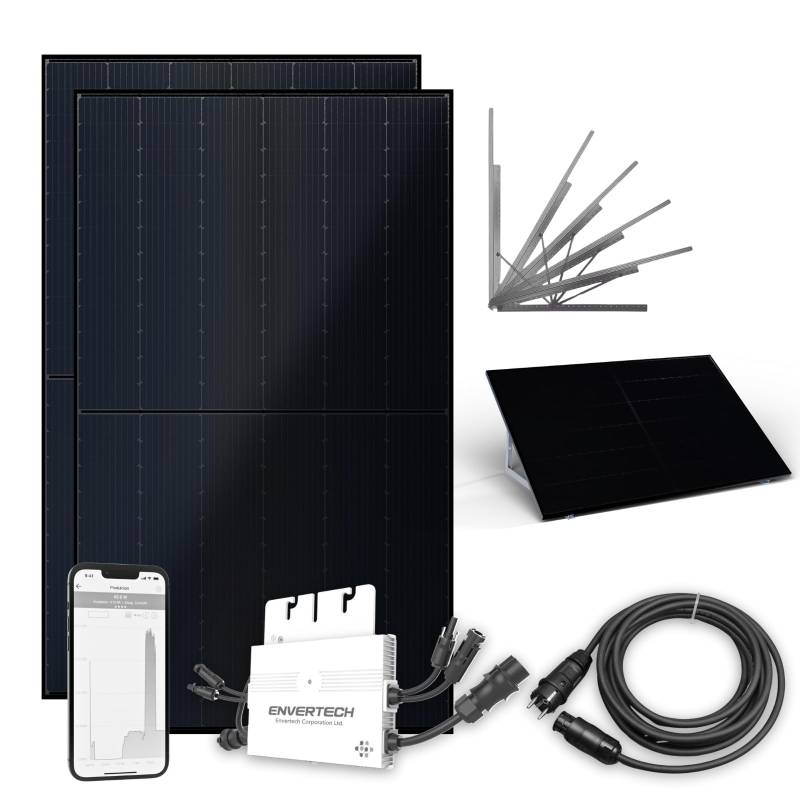 flex-energie Balkonkraftwerk Komplettset 810Wp I 2x 405Wp Solarmodul, Envertech EVT560 Wechselrichter, Universalaufständerung, WiFi Switch & 10m Kabel I Solar-Energiegewinnung auf Flachdach & Balkon von flex-energie