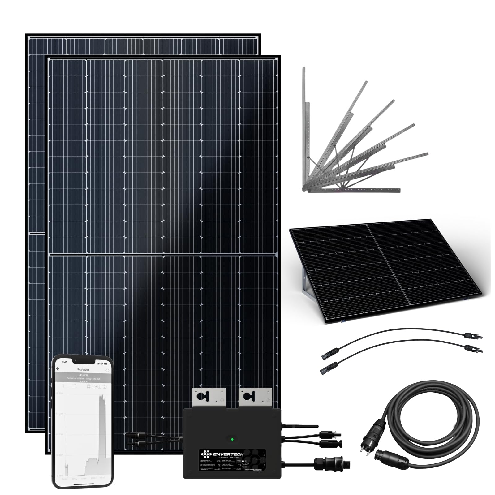 flex-energie Balkonkraftwerk Komplettset 900Wp I 2x450Wp Solarmodule, Envertech EVT800-B Wechselrichter, Universalaufständerung & 5m Kabel I Bifaziale Solaranlage für Stromgewinnung von Zuhause flex-energie Balkonkraftwerk Komplettset 900Wp I 2x450Wp Solarmodule, Envertech EVT800-B Wechselrichter, Universalaufständerung & 5m Kabel I Bifaziale Solaranlage für Stromgewinnung von Zuhause von flex-energie