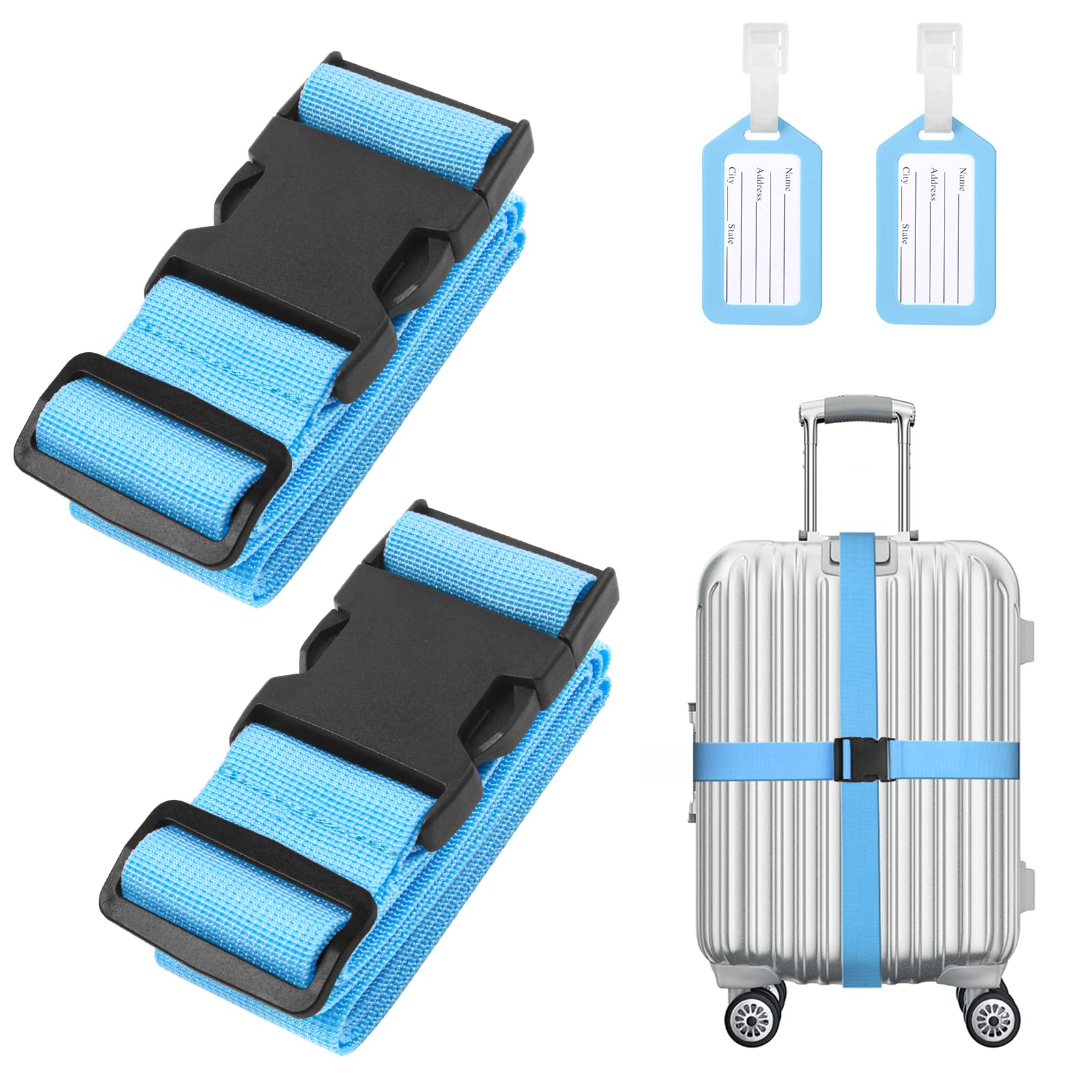 Flintronic 2-Stück Premium Gepäckgurt Koffergurt Kofferband Einstellbare rutschfest Gepäckband Lang kofferbänder Luggage Strap + 2 Stück Kofferanhänger Sicher Reisen für Koffer - Blau von flintronic