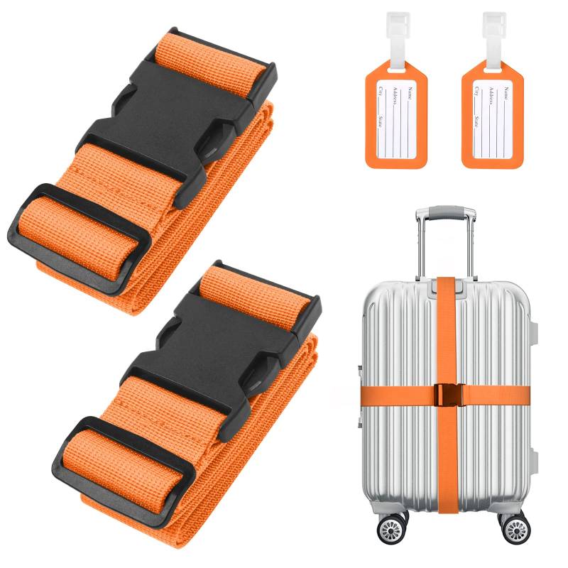 Flintronic 2-Stück Premium Gepäckgurt Koffergurt Kofferband Einstellbare rutschfest Gepäckband Lang kofferbänder Luggage Strap + 2 Stück Kofferanhänger Sicher Reisen für Koffer - Orange von flintronic