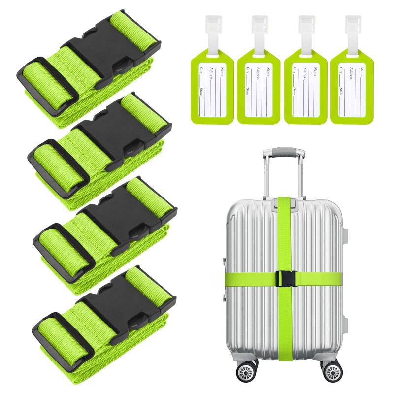 Flintronic 4 Stück Premium Gepäckgurt Koffergurt Kofferband Einstellbare rutschfest Gepäckband Lang kofferbänder Luggage Strap + 2 Stück Kofferanhänger Sicher Reisen für Koffer-Grün von flintronic