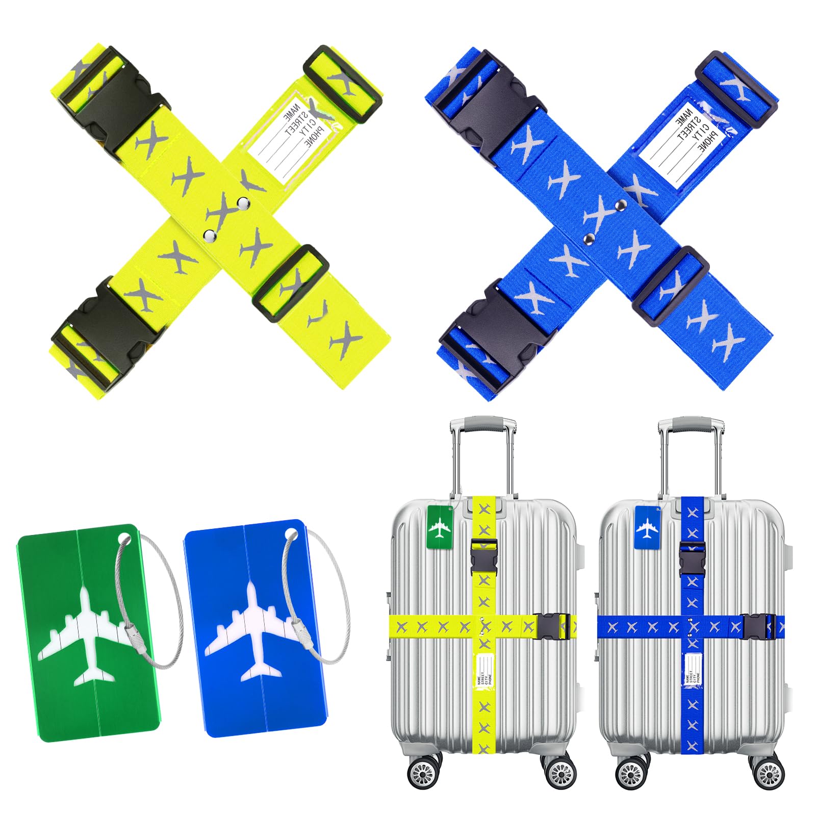 Flintronic Koffergurt Kofferband, 4 Stück Einstellbare Kofferband + 2 Stück Kofferanhänger, mit Namensschild & Adressschild, für Gepäckband zum Reisen & Fliegen von flintronic