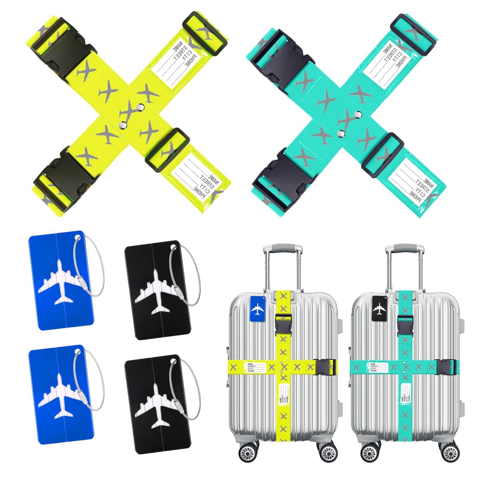 Flintronic Koffergurt Kofferband, 4 Stück Einstellbare Kofferband + 4 Stück Kofferanhänger, mit Namensschild & Adressschild, für Gepäckband zum Reisen & Fliegen von flintronic