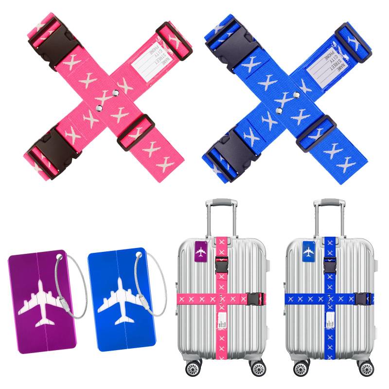 Flintronic Koffergurt Kofferband, 4 Stück Einstellbare Kofferband + 2 Stück Kofferanhänger, mit Namensschild & Adressschild, für Gepäckband zum Reisen & Fliegen von flintronic