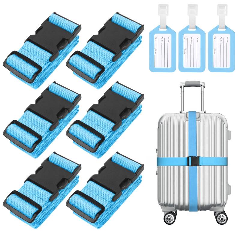 Flintronic 6-Stück Premium Gepäckgurt Koffergurt Kofferband Einstellbare rutschfest Gepäckband Lang kofferbänder Luggage Strap + 3 Stück Kofferanhänger Sicher Reisen für Koffer - Blau von flintronic