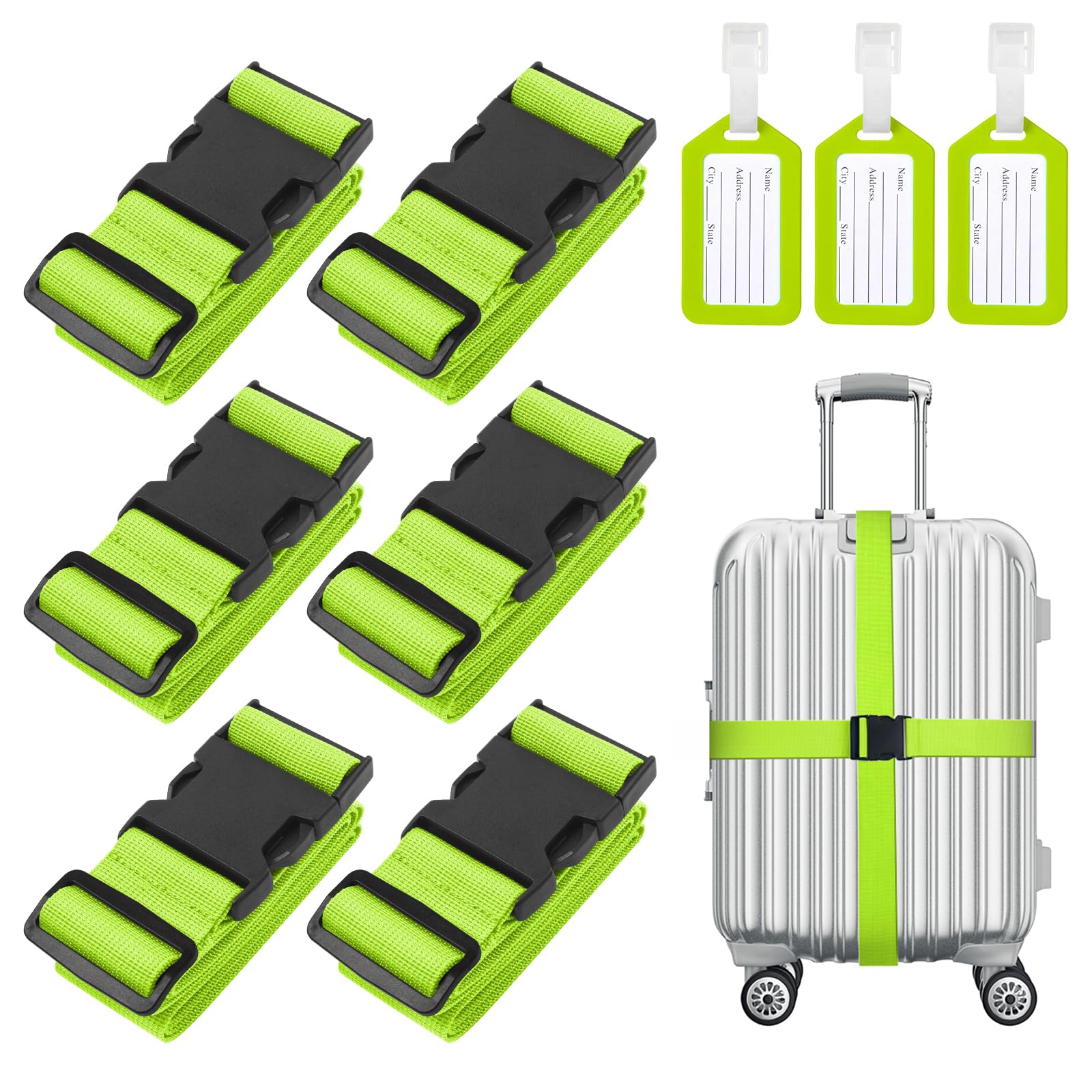 Flintronic 6-Stück Premium Gepäckgurt Koffergurt Kofferband Einstellbare rutschfest Gepäckband Lang kofferbänder Luggage Strap + 3 Stück Kofferanhänger Sicher Reisen für Koffer - Grün von flintronic