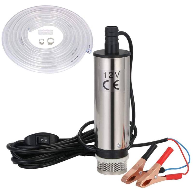 flintronic DC 12V 51mm Dieselpumpe Wasserpumpe mit 5M PVC Schlauch Transparenter, Öl Diesel Wasser Tauchpumpe Transfer für Auto, KFZ, Boot - Silber von flintronic