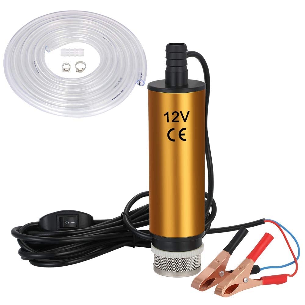 flintronic DC 12V 51mm Dieselpumpe Wasserpumpe mit 5M PVC Schlauch Transparenter, Öl Diesel Wasser Tauchpumpe Transfer für Auto, KFZ, Boot - Golden von flintronic