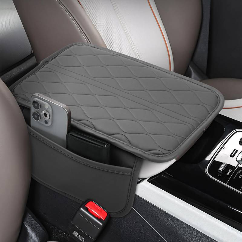 frani Auto-Mittelkonsolen-Abdeckung, Leder-Armlehnenbezug mit 2 Aufbewahrungstaschen, Universal-Armlehnenbezug, Auto-Innenzubehör, Schutz für die meisten Fahrzeuge, Grau von frani