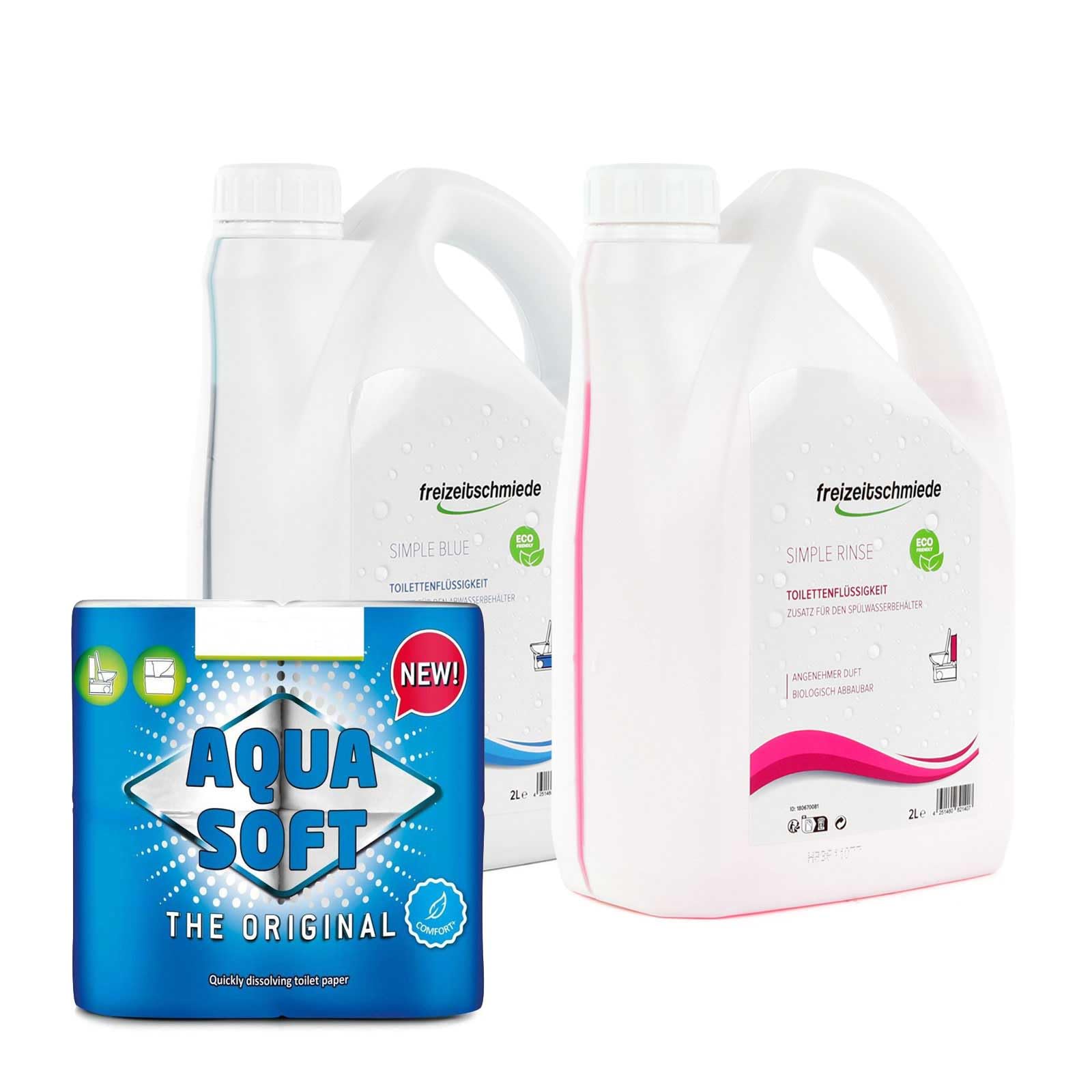 Freizeitschmiede Set Toiletten Zusatz Simple Blue + Rinse je 2L Sanitärflüssigkeit für Campingtoilette inkl. Aqua Soft Toilettenpapier von freizeitschmiede