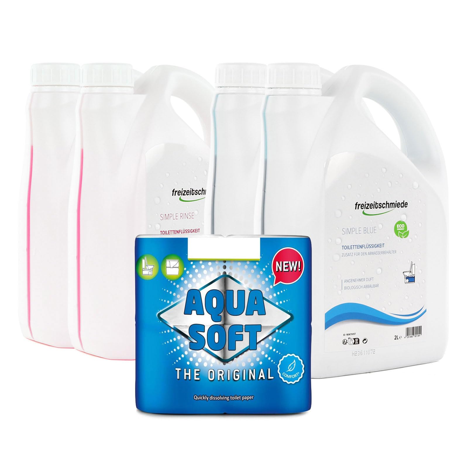 Freizeitschmiede Set Toiletten Zusatz Simple Blue + Rinse je 4L Sanitärflüssigkeit für Campingtoilette inkl. Aqua Soft Toilettenpapier Freizeitschmiede Set Toiletten Zusatz Simple Blue + Rinse je 4L Sanitärflüssigkeit für Campingtoilette inkl. Aqua Soft Toilettenpapier von freizeitschmiede