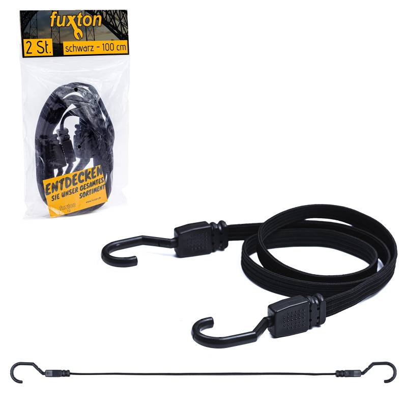 fuxton 2er Set Spanngummi kurz, flach mit Haken 100cm schwarz (Spanngurt, Gepäckgurt, Gummiband) für Gepäckträger, Fahrrad Träger, Rucksack, Auto, Camping und Motorrad von fuxton