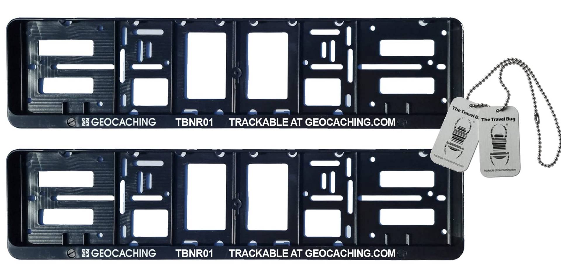 2 x Auto - Kennzeichenhalter Nummernschildverstärker - Trackbar mit TravelBug und CopyTag Geocaching KFZ TB 2 x Auto - Kennzeichenhalter Nummernschildverstärker - Trackbar mit TravelBug und CopyTag Geocaching KFZ TB von geo-versand