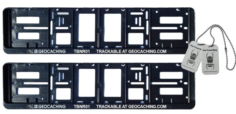2 x Auto - Kennzeichenhalter Nummernschildverstärker - Trackbar mit TravelBug und CopyTag Geocaching KFZ TB von geo-versand