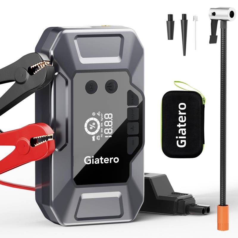 Giatero Auto Starthilfe Powerbank mit 150PSI Kompressor, 4000A Spitzenstrom Starter Powerbank für 12V Fahrzeuge(Bis zu 10.0L Benzin/7.5L Diesel), Tragbare Auto Starthilfe mit Digitale un von giatero
