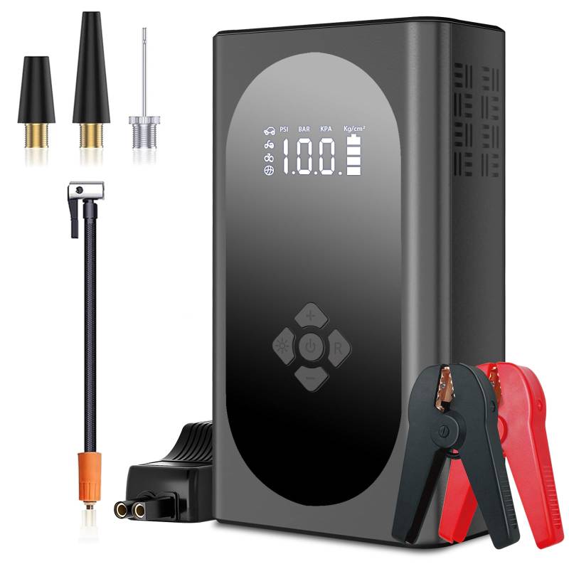 Starthilfe Powerbank mit Kompressor 150PSI 4000A, 12V Auto Batterie Booster mit LCD Bildschirm, QC3.0 Schnelles Aufladen, Tragbare Starter Powerbank mit LED Taschenlampe (10L Benzin/8L Diesel) von giatero