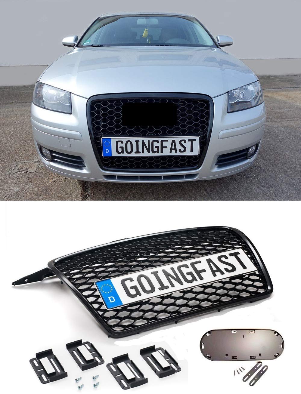 Waben- Gitter- Kühler- Sport- Front- Rippen- Grill ohne Emblem Schwarz Glanz mit Simple Fix Kennzeichenhalter von goingfast