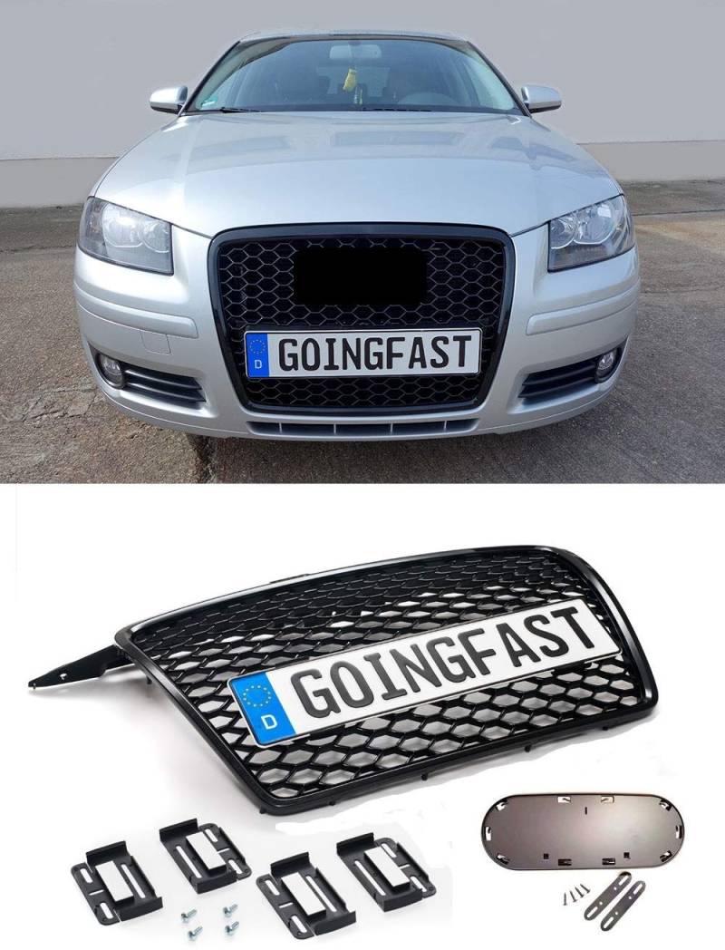 Waben- Gitter- Kühler- Sport- Front- Rippen- Grill ohne Emblem Schwarz Glanz mit Simple Fix Kennzeichenhalter von goingfast