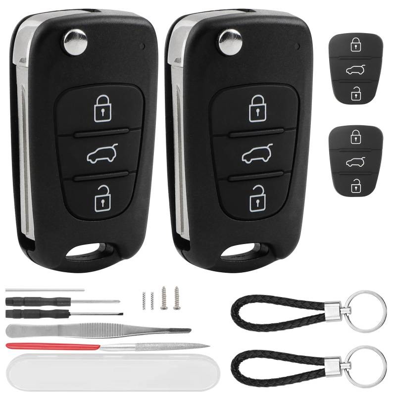 2 Stück Schlüssel Gehäuse 3 Tasten Kompatibel für Hyundai i10 i20 i30 ix20 ix35 Kia Sportage Ceed Soul Rio Picanto Fernbedienung Auto Klapp Schlüsselgehäuse mit 2 Autoschlüssel Tastenfeld Gummi Ersatz von guobinZH