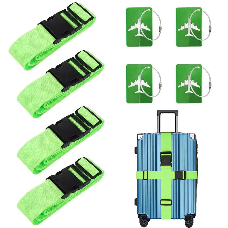 Koffergurt Kofferband, Kofferbänder rutschfeste, 4 Stück Einstellbare Gepäckgurt Mit 4 Farben Kofferanhänger, Auffällig Luggage Strap für Koffer, Grün von gvivej