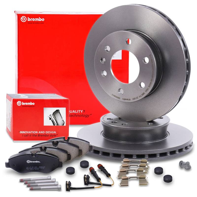 BREMBO Coated Disc Line Bremsenset Vorderachse inkl. Bremsscheiben Vorne Ø 300 mm Belüftet und Bremsbeläge Vorne + Verschleißkontakt von hegehof