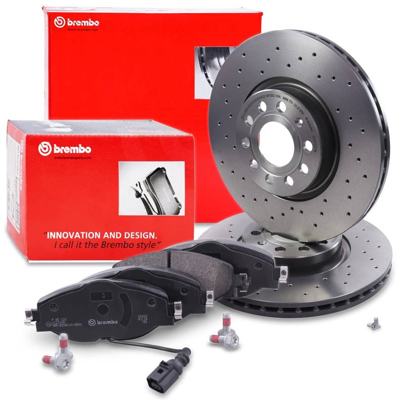 BREMBO XTRA LINE Bremsenset Vorderachse inkl. Gelochte Sport-Bremsscheiben Vorne Ø 312 mm Belüftet und Bremsbeläge Vorne + Verschleißkontakt von hegehof