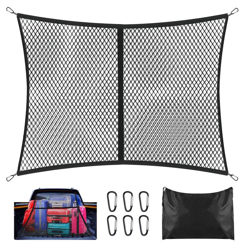 homdat Hochelastisches GepäCknetz GepäCkfixierung FüR LKW Auto Wohnmobil Einfacher LKW-Bett-Organizer, 120 X 120 cm Doppellagiges Elastisches Netz + 6 Karabiner + 2 Elastische Seile à 1.5 M von homdat