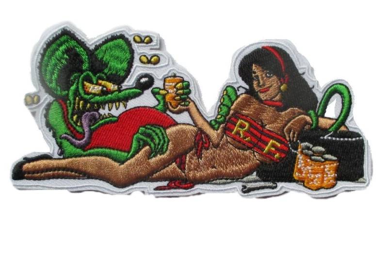 Hotrodspirit Patch, Ratten Fink und Pin-Up, liegend, Kustom Hot Rod, 12 x 6 cm von hotrodspirit